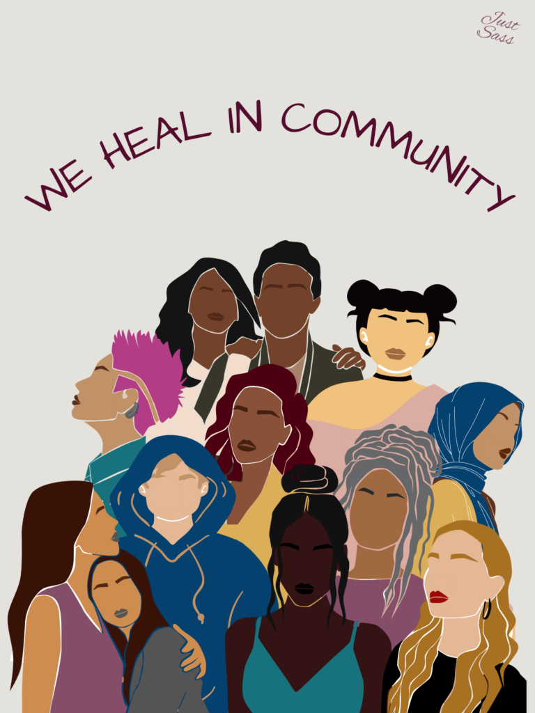 Words we heal in community above a group of diverse people