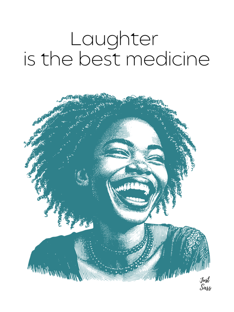 Green stamp image of a black girl with natural hair laughing with black words above her laughter is the best medicine