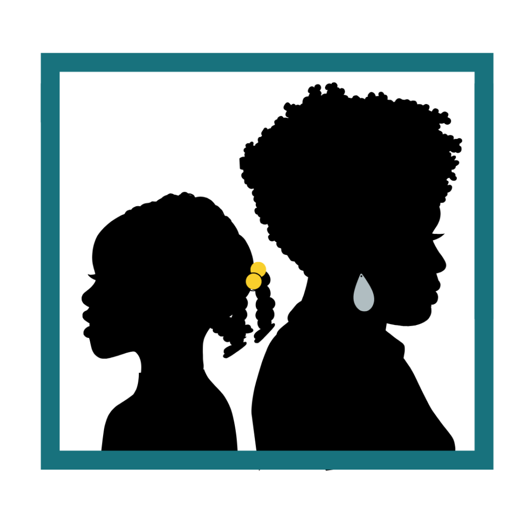 Silhouette of a girl with yellow Barrett with her back to a woman with a blue earring