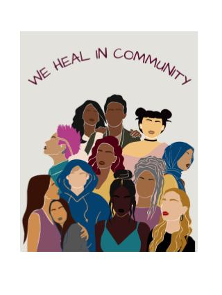 Words we heal in community above a group of diverse people