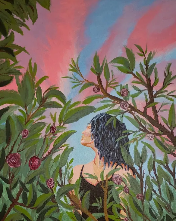 An olive skin woman with dark hair in a black dress stands among lush green foliage with pink roses. She gazes upward at a vibrant pink and blue sky,