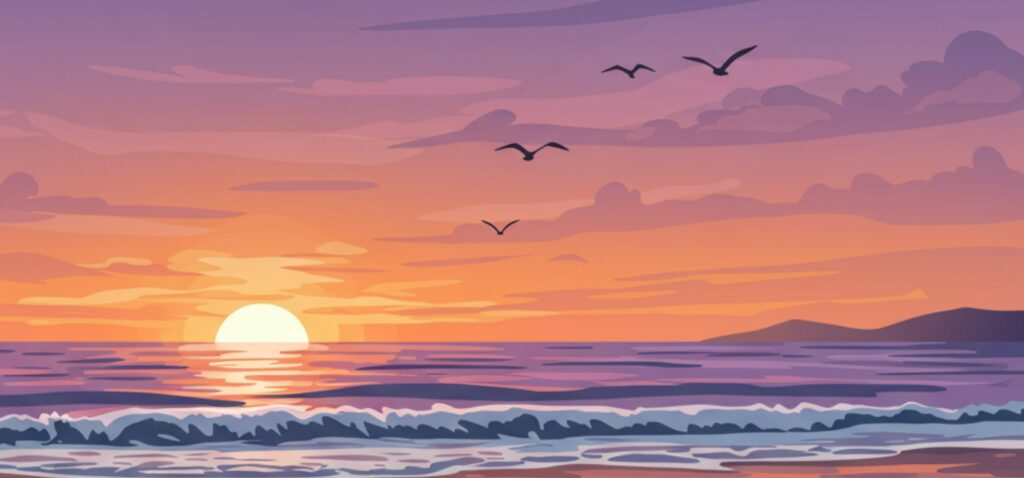 Sunset over water with birds flying across the sky